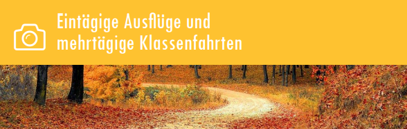 Zu sehen ist ein Waldweg im Herbst. Darüber steht auf gelbem Grund "Eintägige Ausflüge und mehrtägige Klassenfahrten"